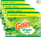 Gain Dryer Sheets Plus Wrinkle Release, Original Scent, Fights Static With a Touch of Scent, Laundry Sheets, 240 Count (Pack of 4)