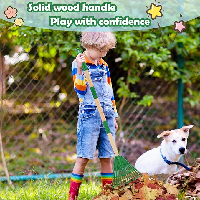 Kids Leaf Rake - 3-Section Adjustable Handle, Lightweight, Wood & Plastic, Small Garden Tool for Children (Green)