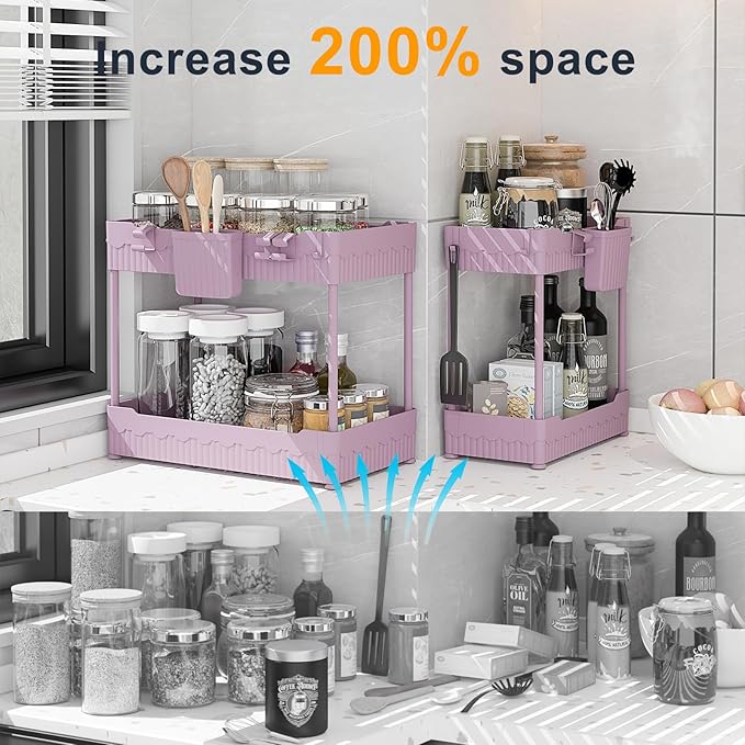 2 Pack Under Sink Organizer, Under Bathroom Cabinet Organizer with Hooks Hanging Cup, Multi-Purpose Storage Shelf for Kitchen Bathroom (Pink, L)