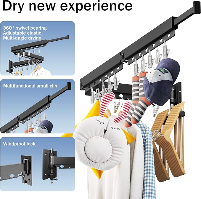Wall Mounted Clothes Drying Rack - Retractable, Collapsible, Folding with Clips - Perfect for Laundry Room Organization