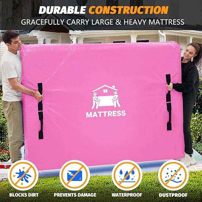 Mattress Bags for Moving, BETU Mattress Protector Waterproof Mattress Cover King Size Storage Bags with 8 Heavy-Duty Handles and Zipper for Bed Extra Thick Large Reusable (82"x79"x15" Pink)