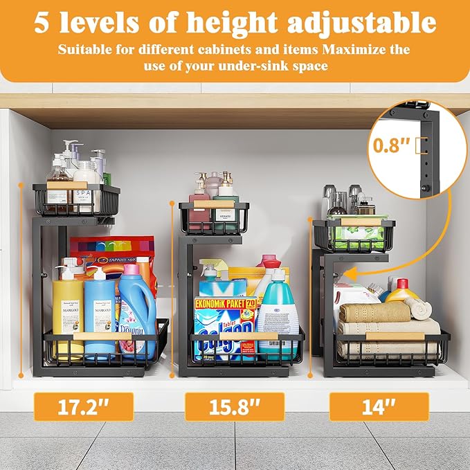 2-Tier Slide Out Under Sink Organizer – 2-Tier Pull-Out Storage Rack, Bathroom organizers and storage for Kitchen and Bathroom, Space-Saving Cabinet Organizer, Rustproof,（Black)(2 Pack)