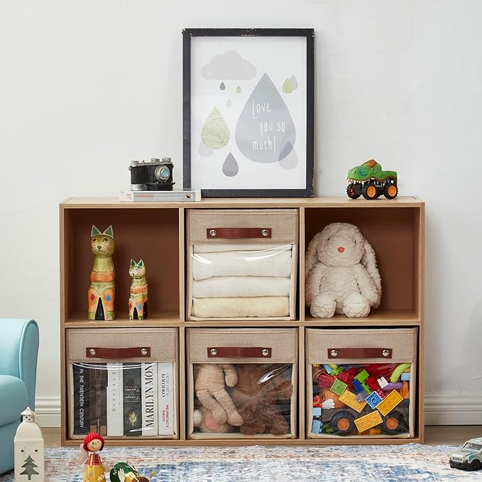 Storage Cube Organizer with Clear Window, Linen Collapsible Storage Boxes with PU Handles, Cube Storage Bins for Shelf, Closet, Cabinet, Bookcase (10.5x10.5x11, Khaki)