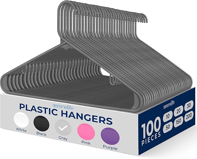 SereneLife Plastic Hangers 100 Pack - Space Saving Clothes Hanger - Durable & Strong Closet Organizers and Storage with Built-in Strap Hooks - Essential for Shirts, Pants, Skirts & Coats (Gray)