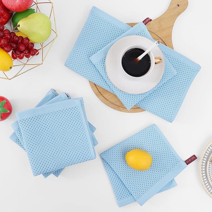 Homaxy 100% Cotton Waffle Weave Kitchen Dish Cloths, Ultra Soft Absorbent Quick Drying Dish Towels, 12 x 12 Inches, 12-Pack, Sky Blue
