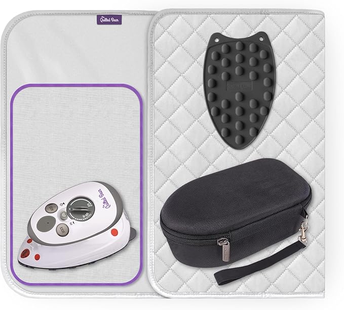 The Quilted Bear Mini Iron, Rest & Ironing Mat - Lightweight Mini Steam Iron with Hard Shell Travel Case, Rest & Ironing Mat - Travel Essentials for Wrinkle Free Travel & Effortless Quilting (Black)
