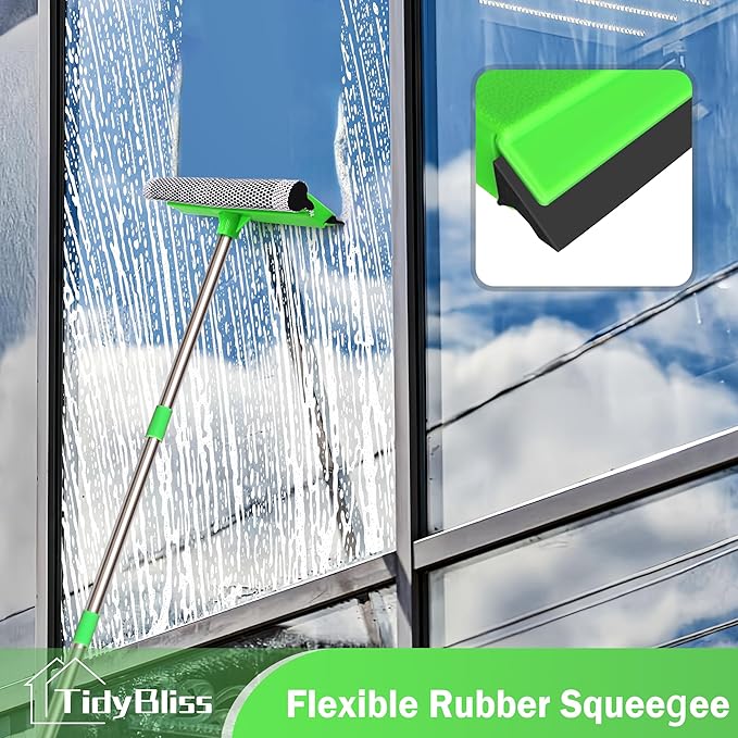 Window Squeegee Professional, 56” Car Windshield Glass Cleaner Tool with Extension Pole, Long Handle Household 10 inches Washer Sponge Scrubber Kit for Cleaning Home Mirror Outdoor (Green)
