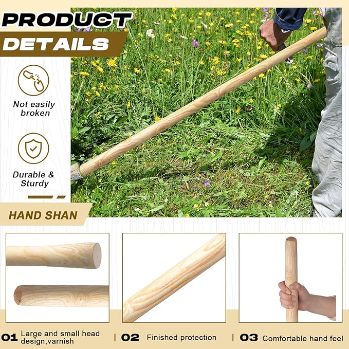 Lasnten 1 Pcs 55 Inch Pure Solid Wood Replacement Hoe Handle for Garden Digging Spading Fork, Shovel Handle Replacement, 1.38-1.77 Inch Diameter
