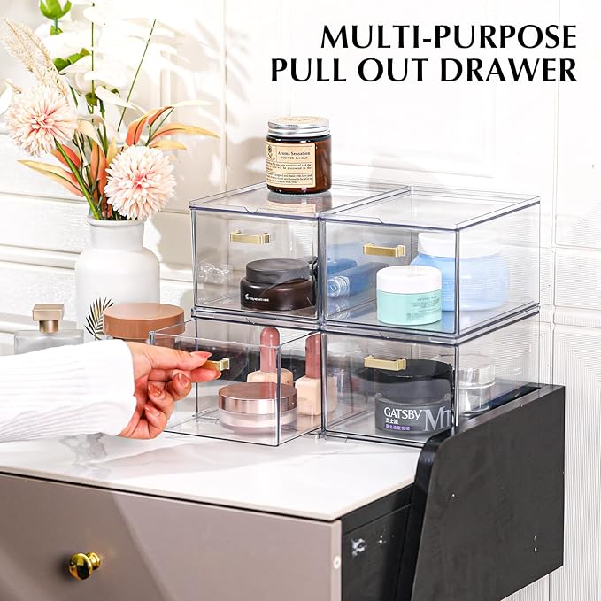 4 Pack Clear Stackable Storage Drawers, 8" Tall Bathroom Makeup Organizer with Handle, Plastic Organizer Bins Easy Assembly for Home, Kitchen, Pantry, Cabinet Under Sink Organization