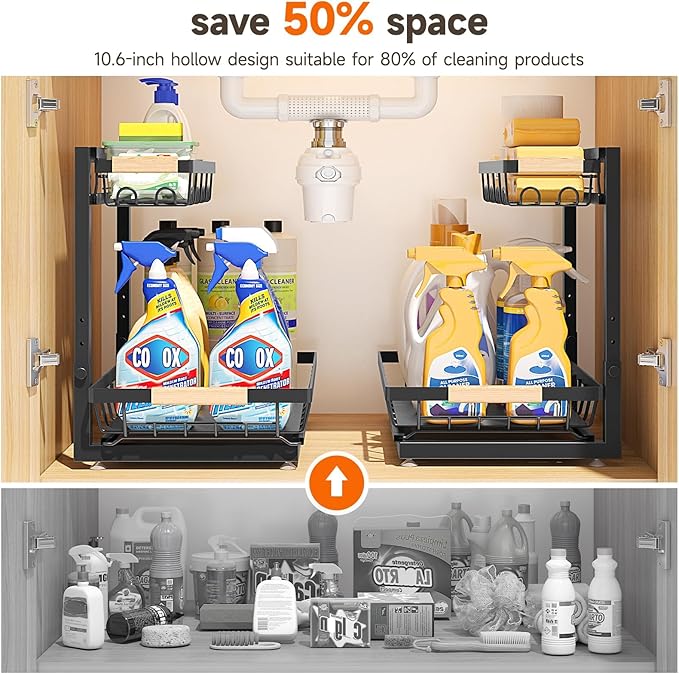 2 Packs Under Sink Organizer, High Adjustable 2 Tier Under Kitchen sink organizer, Multi-Purpose Storage Shelf for Kitchen Bathroom Cabinet (Black)