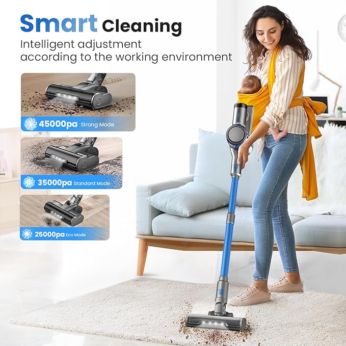 Dzaki S9X Vacuum Cleaners for Home,400W 45KPa Cordless Stick Vacuum Cleaner,Up to 55 Mins Runtime,Smart Induction Auto-Adjustment,Rechargeable Battery Vacuum Cordless for Carpet Floor Pet Hair(Navy)