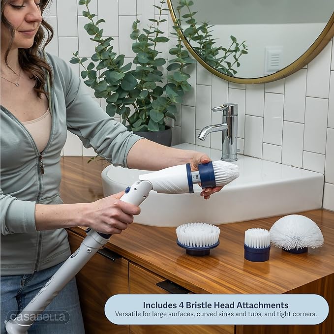 Casabella Power Spin Scrubber, Extendable to 47.5” – Cordless Electric Cleaner for Shower, Kitchen, Bathroom, Tile, Tub, Car, Deck - Rechargeable Spin Brush with Adjustable Brush Head & 4 Attachments