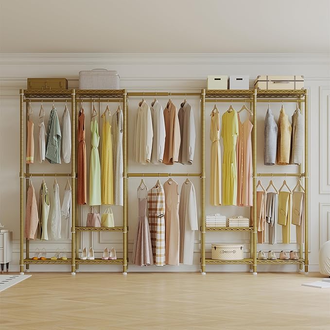 H5 Pro Heavy Duty Clothes Rack Wardrobe Closet for Hanging Clothes, Freestanding Garment Rack with Expandable Hanger Rods, Closet Organizer and Storage, (97.7-115.4")L x 15.7"W x 75.4"H, Gold