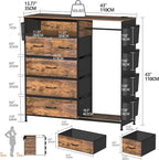 Dresser for Bedroom with Clothes Rack Side Pockets 5 Drawer Dresser with Charging Station LED Lights Black Storage Chest of Drawers for Hallway Closet Sturdy Steel Frame Wood Top (Brown)