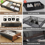 Wooden Under Bed Storage with Wheels, Rolling Under the Bed Storage Bins with Removable Lid, Metal Under Bed Drawers for Clothes and Shoes in Bedroom or Living Room(Walnut Brown-2pack)
