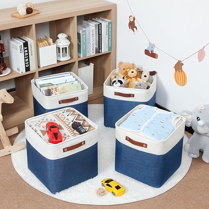 HNZIGE Cube Storage Baskets for Shelves, Fabric Storage Basket with Handles for Organizing Clothes, Toys, 13 inch Cube Storage Bins for Storage Clothes, Toys, Closet, Nursery(Blue White)