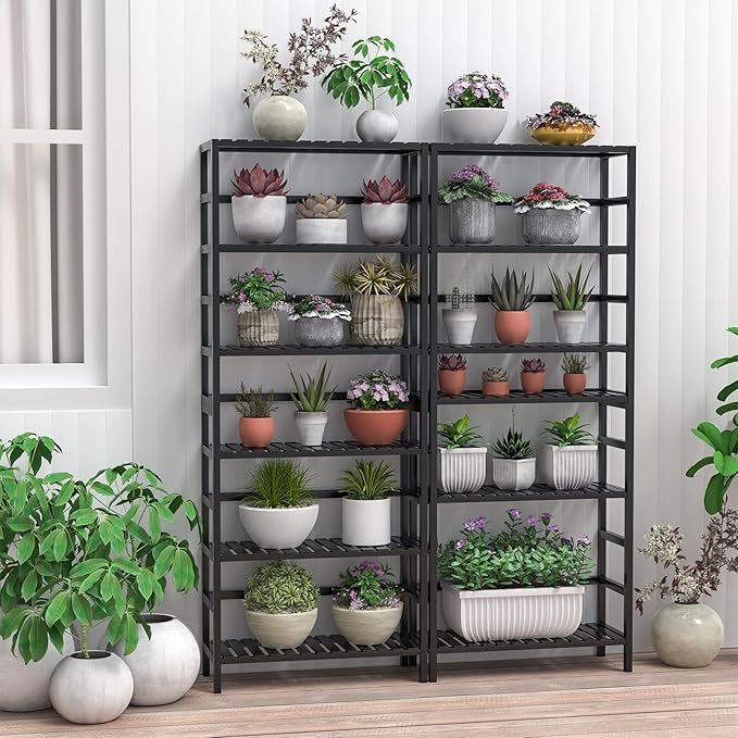 VASMIA 6-Tier Bamboo Shelf,Bamboo Storage Shelving Unit,Tall Bookcase with Adjustable Shelves,Multipurpose Storage Display Shelf for Bathroom, Living Room, Balcony, Kitchen,Black