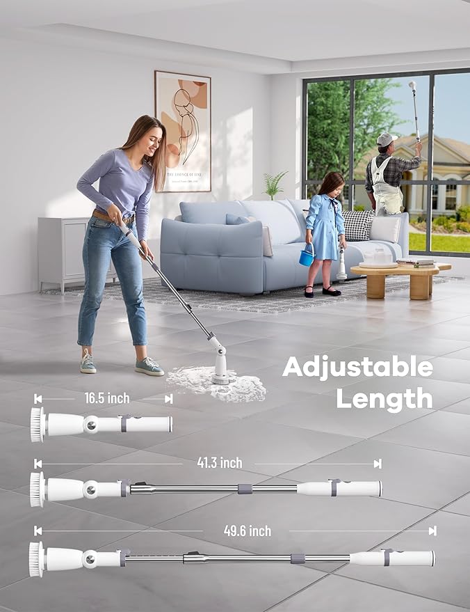 Electric Spin Scrubber,Floor Shower Scrubber with Long Handle Power Scrubber Dual Speeds,Cleaning Brush Cordless Scrub Brush with 3 Adjustable Angles,8 Brush Heads for Bathroom,Tile