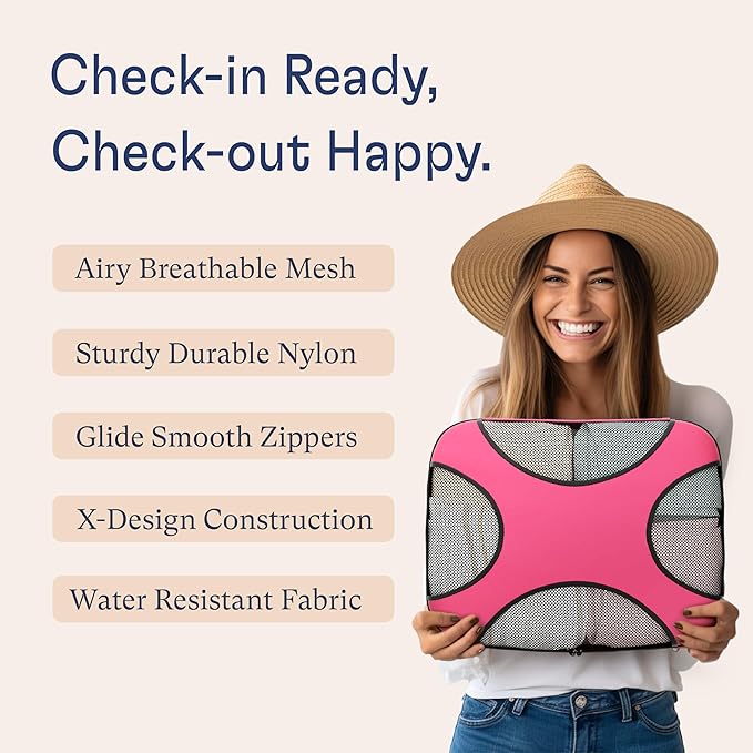 Shacke Premium 5 Packing Cubes Set - Lightweight Mesh Travel Luggage Organizers with Laundry Bag, 5-Piece Suitcase Storage System (Precious Pink)