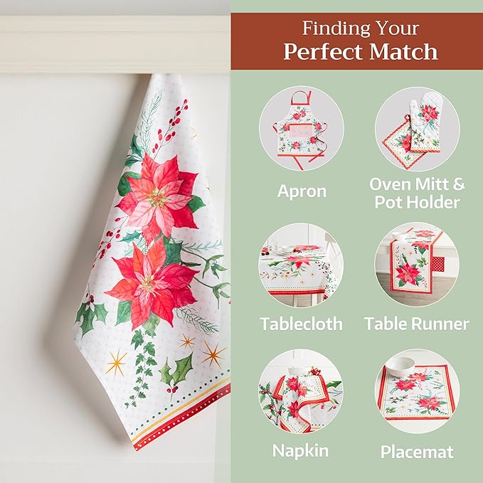 Maison d' Hermine Kitchen Towels Set of 3 100% Cotton 27.50" x 20" Reusable Cloth Tea Dish Towels Absorbent with Hanging Loop for Kitchen, Home, Dining, Cocktail Parties (Poinsettia Christmas)