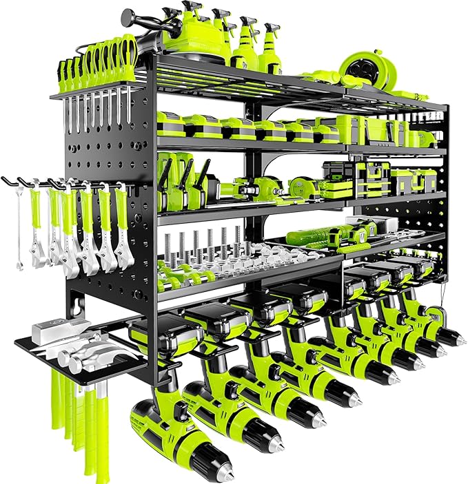 5 Layers Power Tool Organizer Wall Mount, Metal Cordless Tool Hanger Storage Rack Holder with 8 Drill Holders, Heavy Duty Garage Wall Tool Shelf for Workshop Tool Room Shed Pegboard Black