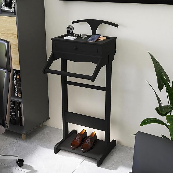 Brefhome Luxury Mens Valet Stand with Storage Drawer & Jewelry Tray, Executive Wooden Clothes Rack for Men Women, Garment Organizer for Suit, Tie, Pant, Watch & Phone, Black (Tray + Drawer)