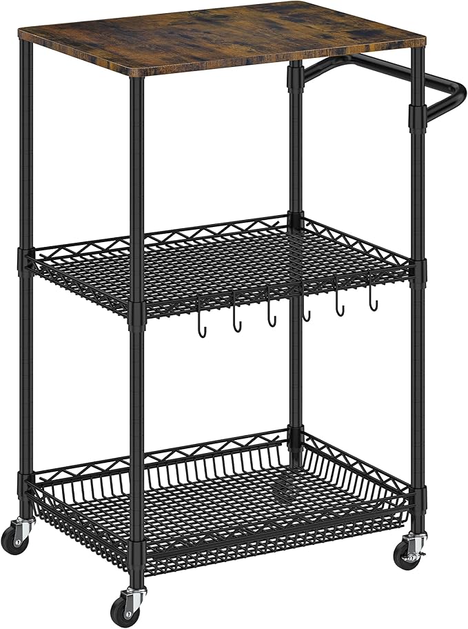 Rolling Kitchen Cart with Wheels, 3 Tier Metal Utility Cart with Wood Tabletop Heavy Duty Wire Rolling Kitchen Island Storage for Pantry Bar Microwave with Handle & Shelf Liners, Black