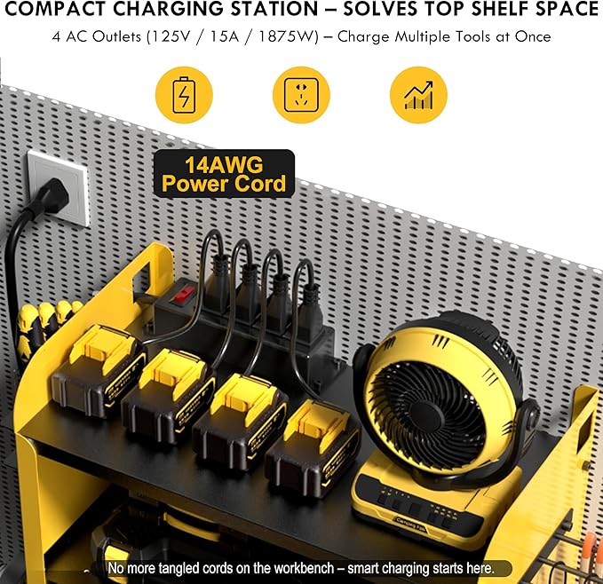 KSVO Power Tool Organizer Wall Mount with Drill Rack & Locking Drawers - Heavy Duty Metal Tool Shelf for Garage, Workshop, Shed, Basement Tool Organization - Gift for Men/Father (Yellow)