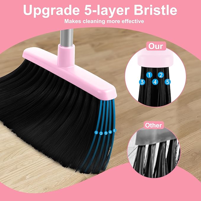 Pink Broom and Dustpan Set, 52” Long Adjustable Handle Broom with Dustpan Combo Set with Dust Pan Teeth to Clean Hair for Home Lobby Office
