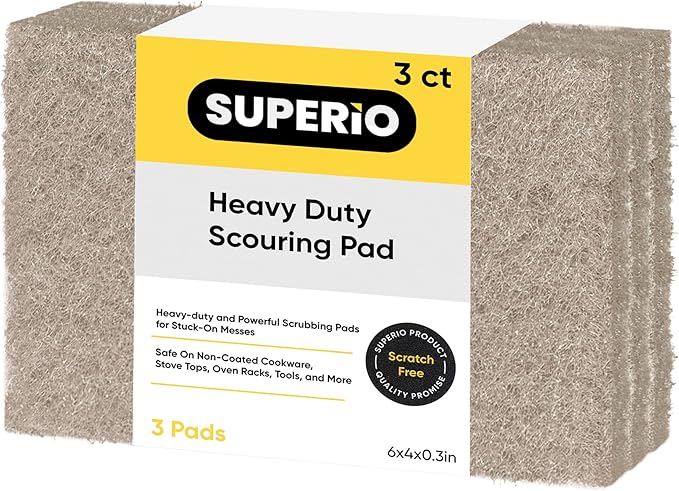 Superio Scouring Pad Non-Scratching Scrubber Non-Scratch Cleaning Scrub Pads Heavy Duty Scouring Pad Reusable Kitchen Scrubbing Pad Pack of 3 Natural