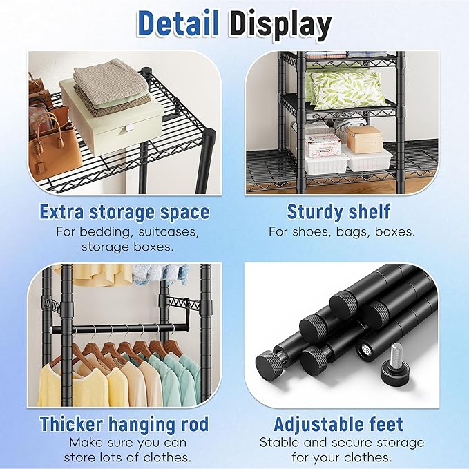 Raybee 88.2" W Clothes Rack Heavy Duty Clothing Racks for Hanging Clothes Extra Wide Portable Closet Loads 1200LBS Freestanding Garment Rack for Bedroom 88.2" W x 75.6" H x 15.7" D, Black
