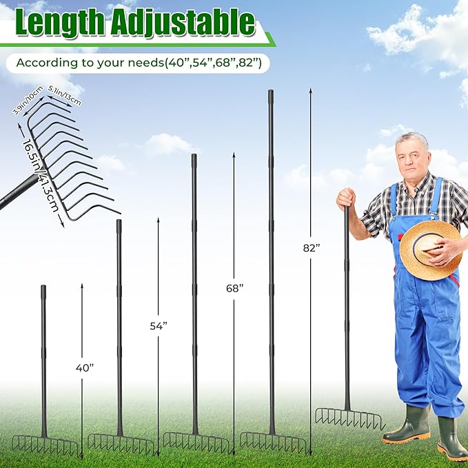 Garden Thatch Rake, 82" Heavy Duty Lawn Leveling Rake with 11 Stainless Steel Tines, Adjustable Long Handle Garden Tool for Loosening Soil, Cleaning The Leaves, Removing Thatch, Laying Sod