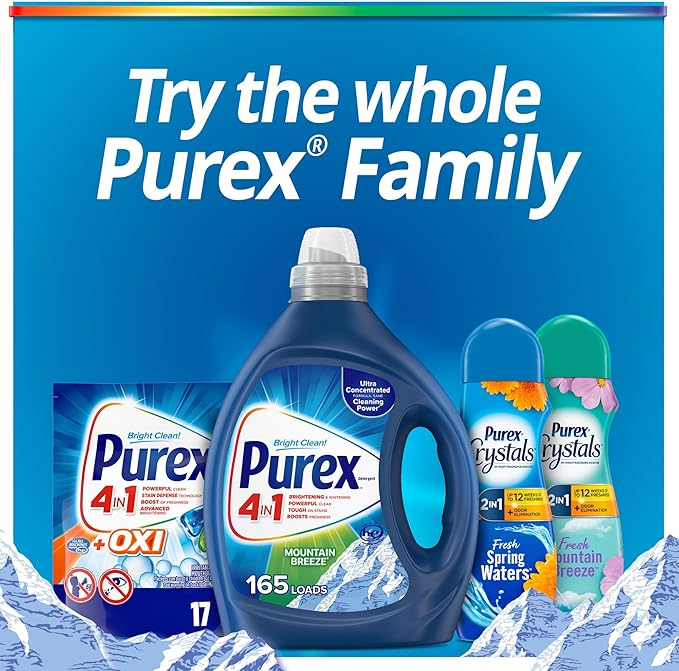 Purex 4-in-1 Laundry Detergent Liquid, Mountain Breeze, 82.5 oz, 165 Loads, Ultra Concentrated Laundry Detergent, Brightens & Whitens