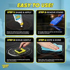 Cerama Bryte Glass Cooktop and Stove Top Cleaner Combo Kit - Includes Cleaning Tool, Razor, Scraper and 1 Pad to Remove Tough Stains - Use on Gas, Electric, Ceramic Surfaces, 10 Ounces, 4 Piece