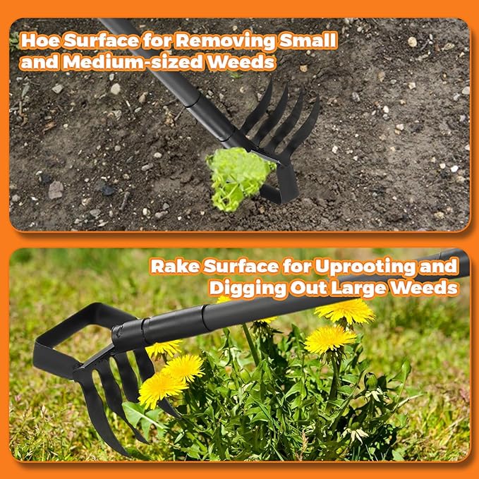 Hula Garden Hoe and 4 Tines Rake 2-in-1 Garden Tool for Weeding, Garden Cultivator with 62.6" Adjustable Long Handle Heavy Duty Weed Puller Stirrup Hoe for Ditching, Seeding, Loosening Soil