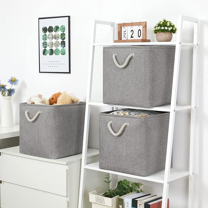 Bidtakay Grey Baskets Foldable Storage Cube Bins 13x13x13 Cube Storage Organizer Closet Set of 3 Fabric Storage Baskets for Home Office Large Baskets for Nursery Baby Toy Storage