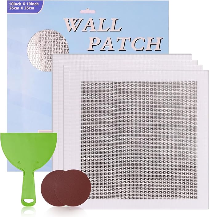 Wall Patch Repair Kit Upgraded Size, 4 Pcs 10 Inch Self Adhesive Pieces Aluminum Drywall Repair Kit, with Its Own Large Squeegee and Scraping, GMingZTong