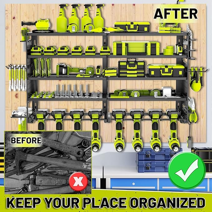 5 Layers Power Tool Organizer Wall Mount, Metal Cordless Tool Hanger Storage Rack Holder with 8 Drill Holders, Heavy Duty Garage Wall Tool Shelf for Workshop Tool Room Shed Pegboard Black