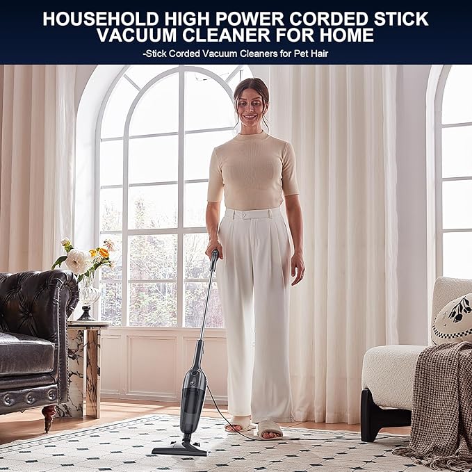 Corded Stick Vacuum Cleaner, Lightweight High Power Handheld Vac with Crevice Tool for Home, Apartment, Carpet, Pet Hair & Hardwood Floors, Black