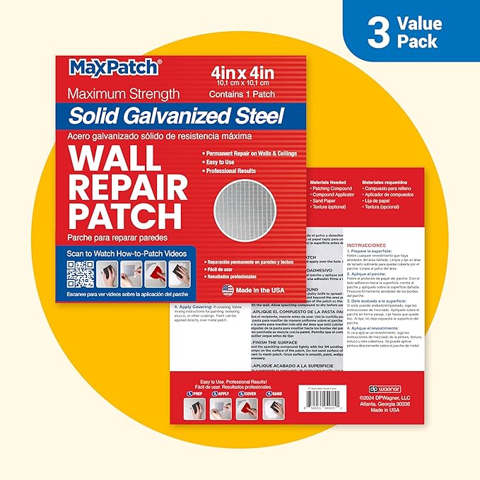 MaxPatch® 4 in. x 4 in. Solid Metal Self-Adhesive Wall Repair Patch (3-Pack) – Durable Galvanized Metal, Easy Application for Drywall, Plaster, and Ceiling Repairs