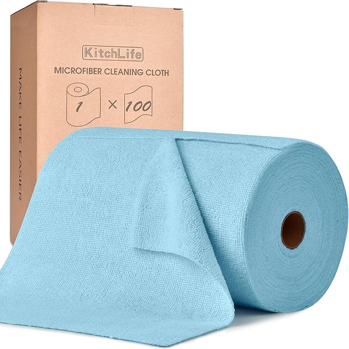 KitchLife Microfiber Cleaning Cloth Roll, 100 Pack - Tear-Away Microfiber Paper Towels, Lint-Free, Reusable, Washable for Kitchen, Car, Dishes, and Sensitive Surfaces (Blue)