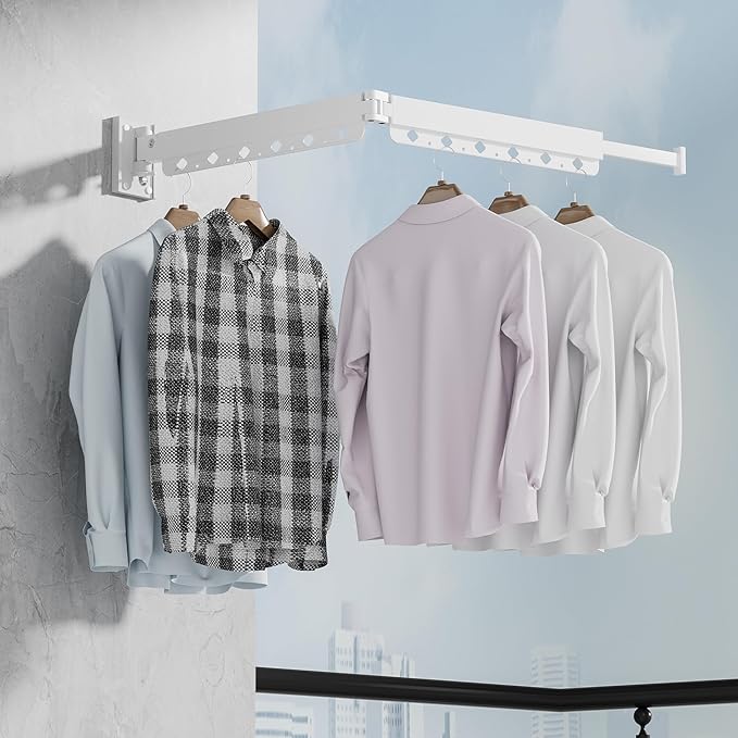 Clothes Drying Rack, Retractable and Foldable Laundry Drying Rack Wall Mount for Indoor, Space Saver Clothes Hanging Rack for Laundry Room, Balcony, Closet, Bedroom(Double-Fold),White
