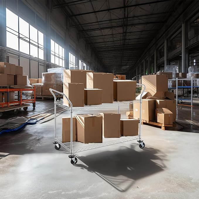 Finnhomy 2-Tier Commercial Grade Rolling Cart, Heavy Duty Utility Cart, Carts with Wheels and Handles, Kitchen Cart on Wheels, Metal Serving Cart with 700 lbs Capacity, Shelf Size 24" D x 48" W, NSF