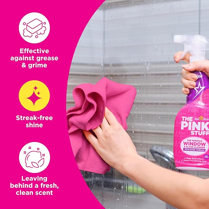 The Pink Stuff Miracle Window Cleaner Spray, 30 fl oz – Now 20% More! Streak-Free Glass & Mirror Cleaner for Crystal Clear Shine – Cuts Through Grease, Fingerprints & Smudges with Ease