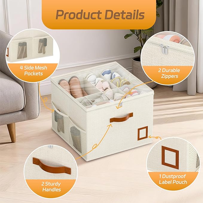 Shoe Organizer for Closet, 2 Pack Foldable Shoe Storage Organizer Box with Adjustable Dividers and Clear Cover, Space Saving Shoe Box with Reinforced Handles, Fits 16-32 Pairs, White+Green