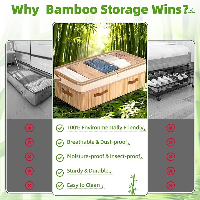 Livole 3 Pack Bamboo Under Bed Storage, 6-10 inches Height Adjustable Underbed Storage Containers, 92L XXXL Large Under Bed Storage Bins with Clear Lid & Label for Clothes, Blankets, Sweater, Shoes