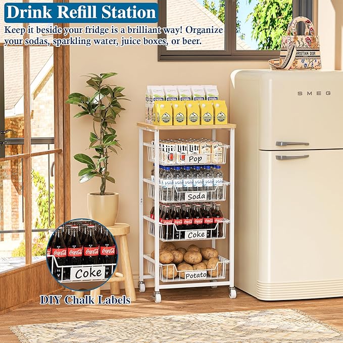 5-Tier Small Kitchen Storage Cart on Wheels with Pull-Out Drawers, Rolling Pantry and Snack Organizer Cart with Wood Top, Kitchen Floor Fruit Basket Stand for Fruit Potato Onion Veggie Snack