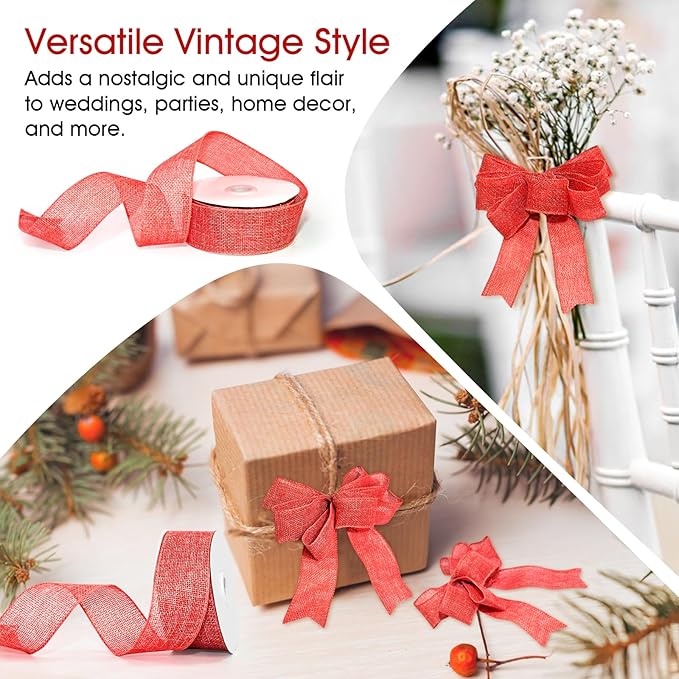 Wired Edge Decorative Ribbon DIY Craft Ribbon for Holiday Garlands Gift Wrapping and Home Decor (Red, 1.5 inches)