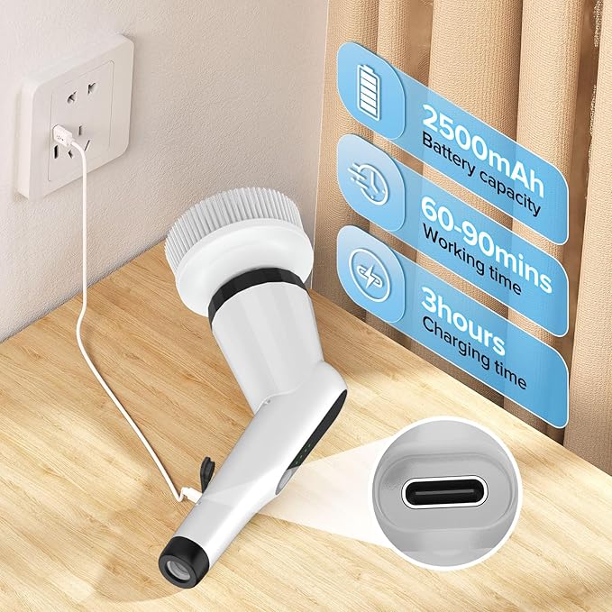 Electric Spin Scrubber, Dreazu IPX7 Bathroom Scrubber with 7 Replaceable Brush Heads & Retractable Handle, 2-Speed Adjustable Shower Cleaner Brush for Bathroom, Bathtub, Kitchen, Tile Floors