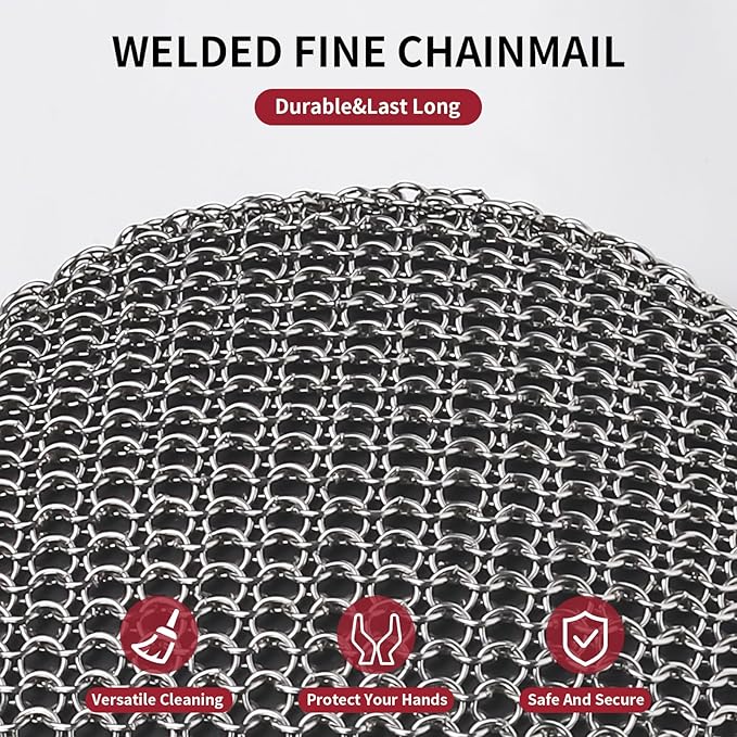 Cast Iron Cleaner Scrubber with Long Handle - Welded Fine Chain Mail Cast Iron Scrubber Brush-Chainmail Sponge Scrub Cleaning Tool to Clean Skillets, Pan,Griddle, Wok, Dutch Oven